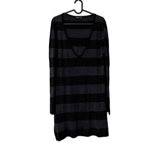 Agnes B Paris Black Gray Striped Wool Vneck Sweater Tunic Dress Womens Large